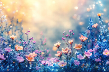 Wall Mural - Beautiful multicolored spring meadow background with delicate wild flowers and bokeh lights 