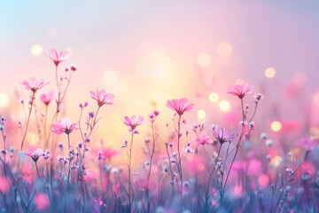 Wall Mural - Beautiful multicolored spring meadow background with delicate wild flowers and bokeh lights 