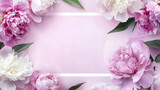 un fondo lila pastel con un marco vacio con una franja para texto o diseño con un amrco de flores peonias en color pastel decorativas elegantes y delicadas