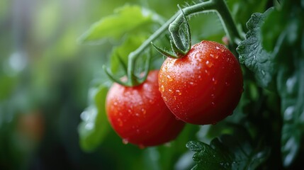 Wall Mural - Fresh tomatoes growing on a branch with water droplets, great for food or still life photography