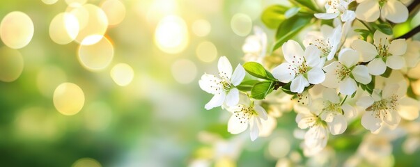 Spring background with white flowers on a blurred green spring nature scene, a blooming tree branch with delicate blossoms, a bokeh effect. A banner design. Springtime concept. 