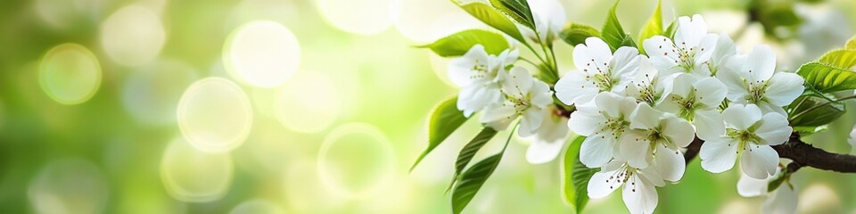 Spring background with white flowers on a blurred green spring nature scene, a blooming tree branch with delicate blossoms, a bokeh effect. A banner design. Springtime concept. 