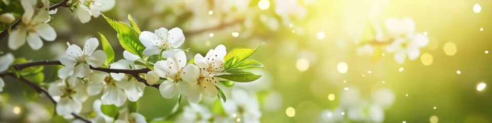 Spring background with white flowers on a blurred green spring nature scene, a blooming tree branch with delicate blossoms, a bokeh effect. A banner design. Springtime concept. 