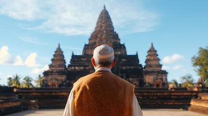 Man faces ancient temple, evoking spiritual journey, contemplation, and cultural heritage against a clear sky. Serene scene.