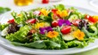 © Nurillo - A clean photo of a fresh garden salad styled with edible flowers and vinaigrette. background