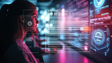 A focused individual immersed in a futuristic digital interface, bathed in neon light, representing the convergence of technology and human intellect.