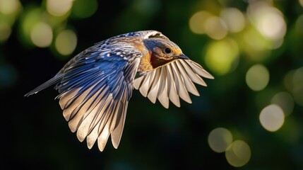 Wall Mural - A blue bird soaring through the air with its wings outstretched, ready to take on the day