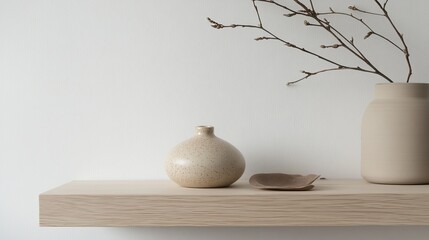 Wall Mural - A clean photo of a handmade ceramic bell styled on a light wooden shelf. background