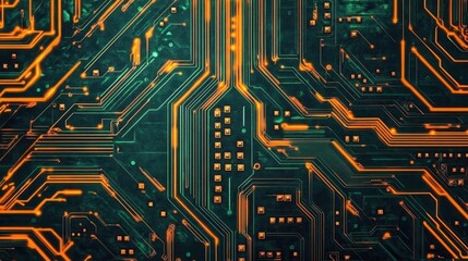 Printed circuit board green- orange and black background concept