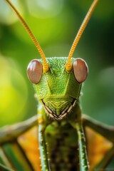 Fototapete - A detailed view of a grasshopper's facial features, suitable for use in entomology or wildlife education illustrations