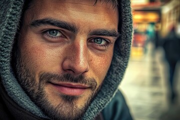 Canvas Print - A person wearing a hooded sweatshirt and looking straight into the camera