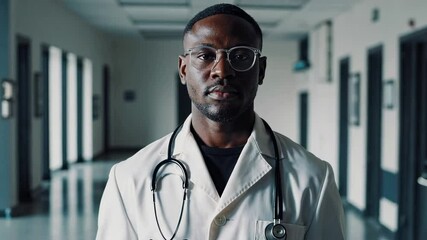 Aufkleber - Medical professional confidently standing in bright hospital corridor, wearing white coat and looking directly at camera during slow motion shot