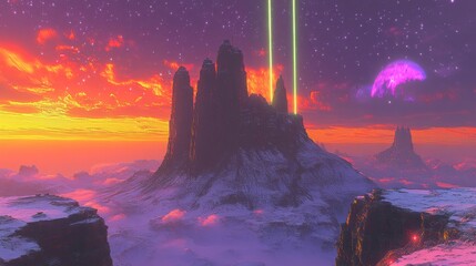 Wall Mural - a dreamy illustration of a spiritual aura meditation postcard featuring a fantasy landscape with a g