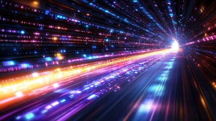 a 3d depiction of a pink and blue neon light square portal warp tunnel with energy and speed, illumi