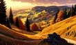 © Azril - Golden autumn sunset over rolling hills, village, forest path