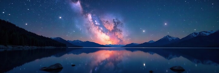 Wall Mural - Milky Way over vast expanse of Biscarosse lake, milky way, galaxy, lake