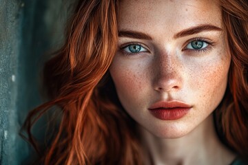 Wall Mural - A close-up shot of a woman's face featuring distinctive freckles