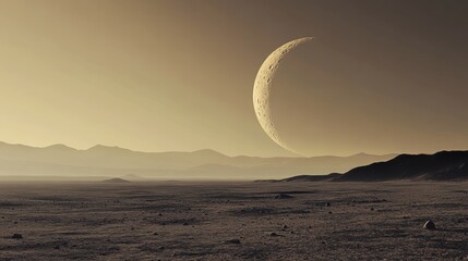 Wall Mural - A large, crescent moon hangs low over a barren lunar landscape