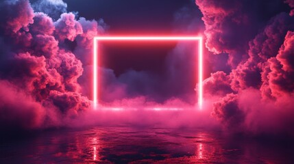 Wall Mural - a neon frame with a pink and blue glow, emitting light and surrounded by white fog smoke on a black 