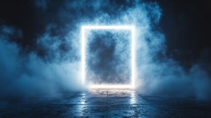 Wall Mural - a neon frame with a grey-purple glow and white fog smoke on a dark black sky background. a luminous 