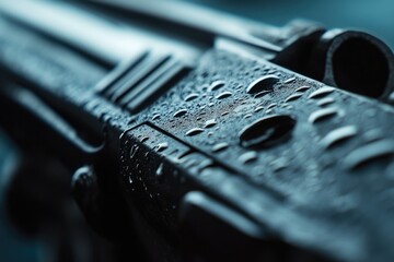 Wall Mural - A close-up shot of a gun with water droplets on the surface