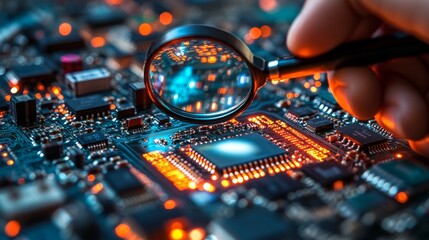On a dark blue background, a magnifying glass and a digital datum computer cyber AI chip with circuit light thin lines. This business science illustration highlights development