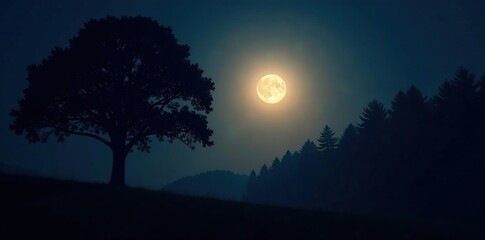 Wall Mural - Silhouetted tree against the bright full moon in a forest at nighttime, forest, moonlight