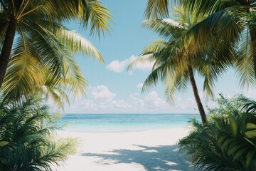 Wall Mural - A serene ocean view with palm trees in the foreground