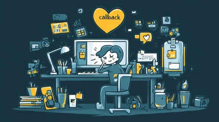 Wall Mural - an image of a javascript developer sitting at a computer, with a broken heart floating above their h