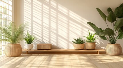 Wall Mural - Zen Interior Oasis: A minimalist interior space bathed in natural light, featuring a collection of potted plants and a wooden shelf. Capturing the essence of tranquility and balance. 