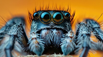 Fototapete - A detailed view of a spider's face, featuring prominent eyes