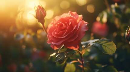 Wall Mural - A single pink rose is placed in the middle of a garden, surrounded by lush greenery and possibly other flowers