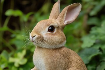 Wall Mural - A brown rabbit sits atop a vibrant green field, perfect for a nature-inspired scene or wildlife photography