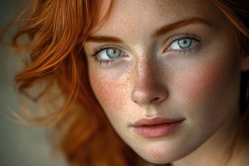 Wall Mural - Close-up portrait of a woman with freckled skin, suitable for personal or editorial use