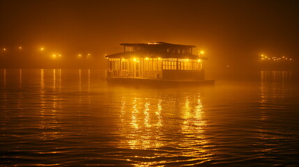 Wall Mural - A houseboat at dawn the fog slowly rises from the _006