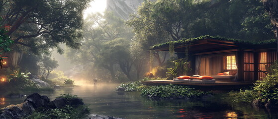 Wall Mural - A houseboat on the river standing modestly among g_007