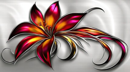 Wall Mural - Vibrant Abstract Flower Design on Metallic Background Colorful Digital Art Illustration
