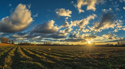 Wall Mural - Expansive farmland under a vibrant sunset with dramatic clouds, panoramic landscape. Rural serenity and natural beauty concept