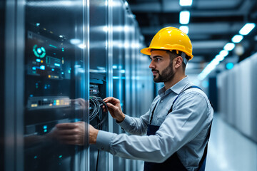 technician adjusts cables on a server in a modern data center. the environment features rows of serv