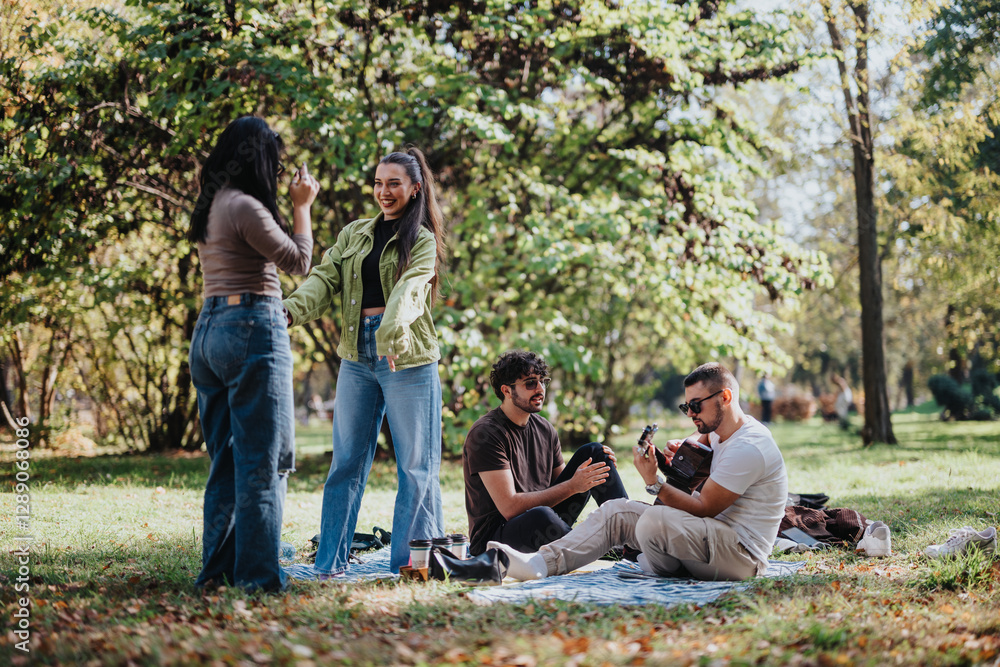 Group of friends relaxing on a picnic blanket in the park, enjoying each other's company, music, and the beauty of nature.