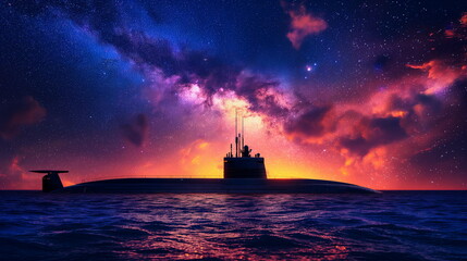 Wall Mural - A submarine on night patrol its silhouette barely _007