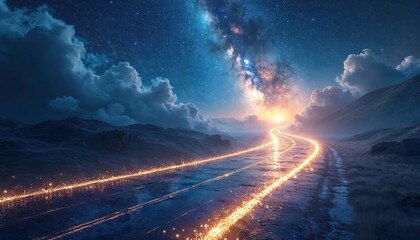 Fantastic cosmic pathway through starry galaxy with luminous glowing road vanishing beyond mountains, horizon. Futuristic travel concept. Dreamlike infinite celestial exploration. Huge ethereal light