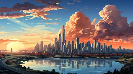 Wall Mural - cityscape sunset reflection: a stunning digital painting of a modern metropolis at dawn