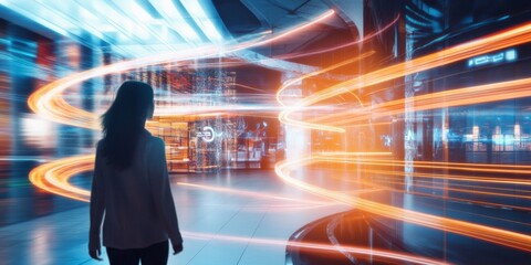 Wall Mural - a woman stands amidst vibrant light trails in a futuristic urban setting. the scene captures motion 