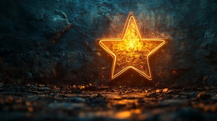 Poster - Glowing neon star on a textured dark blue wall background with scattered debris. Futuristic decoration and modern art concept