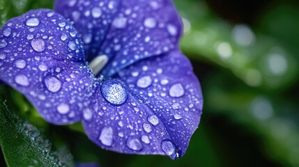 Wall Mural - A close-up shot of a purple flower with water droplets glistening on its petals, suitable for use in botanical or nature-inspired designs