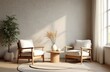 © Vadym - Beige minimalist interior featuring two armchairs, round table. Modern room decor with stylish furniture, plant, curtain, sunlight creating warm cosy atmosphere. Light earthy tones, simplicity,