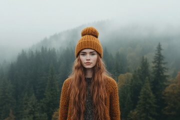 Wall Mural - A woman with long red hair is standing in a forest wearing a yellow hat