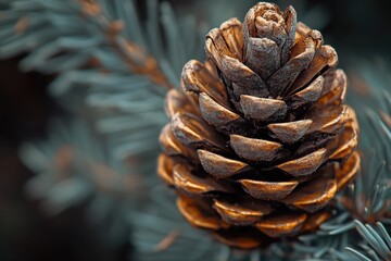 A close-up view of a pine cone on a tree branch, ideal for use in nature-inspired designs or as a symbol of simplicity and elegance