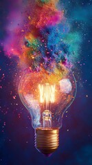 Poster - Colorful explosion of powder inside a light bulb on a dark background, creative concept. Innovation and imagination concept